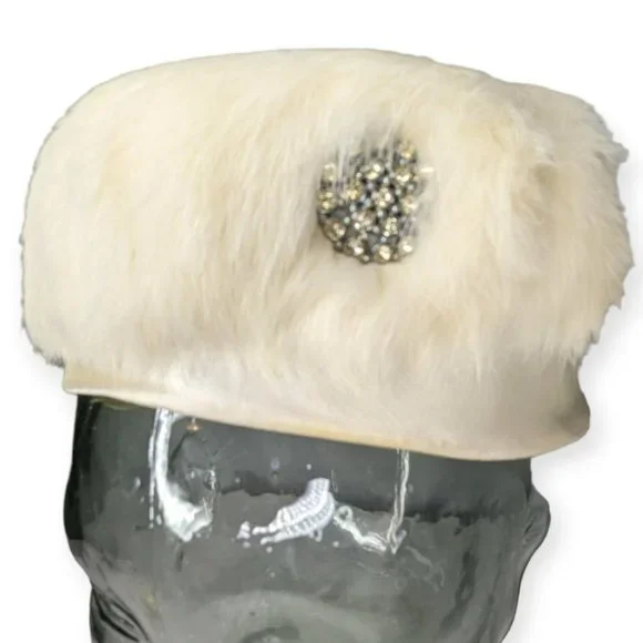 Vintage Ivory Rabbit Fur Pill Box Hat with Rhinestone Accent - Picture 2 of 12